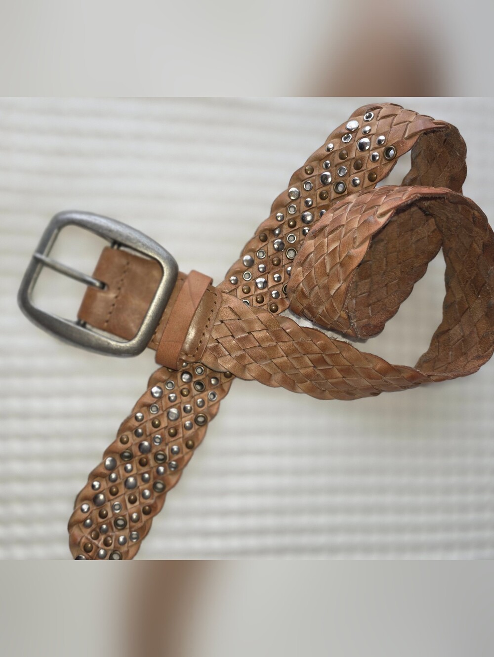 Braided Tan Leather Studded Belt - Women 36" Vintage